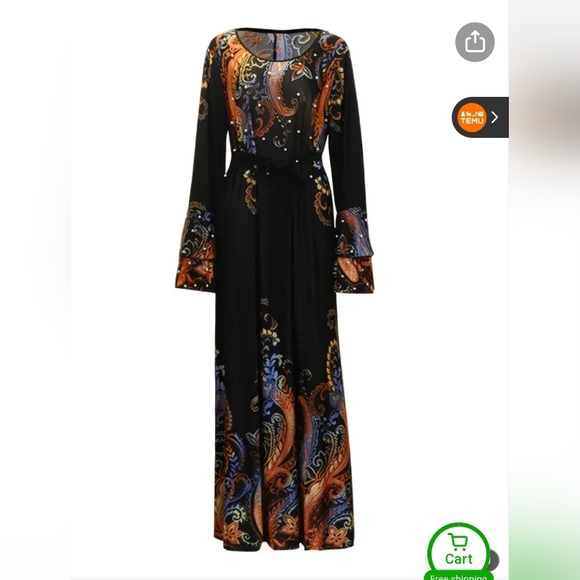 'Shein' Plus Size Floral Print Beaded Pearl Bell Sleeve Maxi Dress, Women's Plus - Picture 3 of 16
